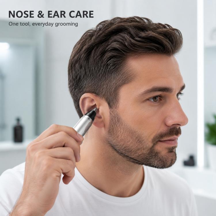 Nose and ear hair trimmer used at the ear with rounded metal tip