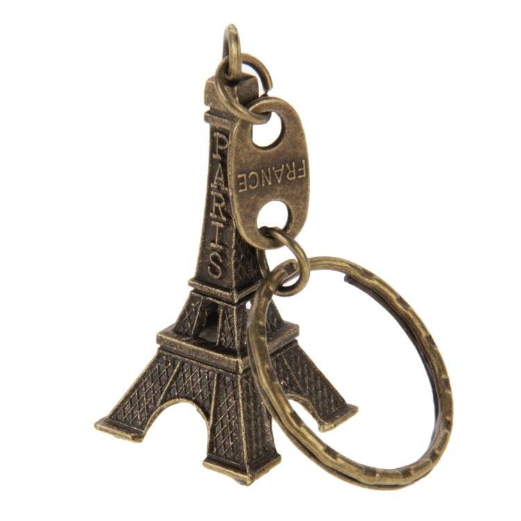 Bronze Eiffel Tower keychain with split ring and clasp, engraved Paris text