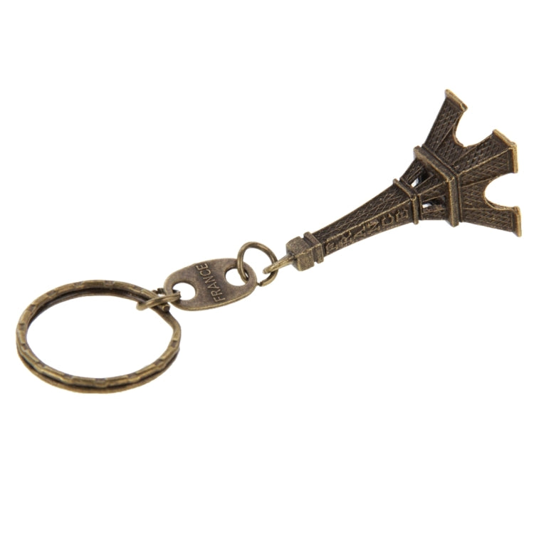 Bronze Eiffel Tower keychain with long bar and split ring, engraved details