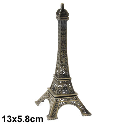 Eiffel Tower metal model ornament, dark lattice with gold details, shown with 13x5.8cm marking