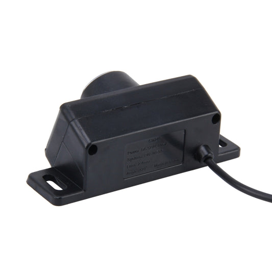 Car rear view camera housing with side mounting bracket and attached cable
