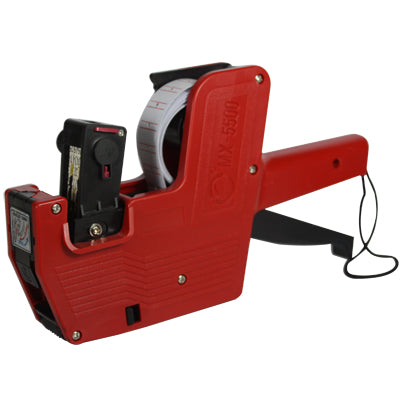 Handheld price labeller with red body and visible label roll