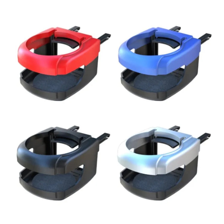 Car outlet drink holder set in red, blue, silver, and black with vent clips