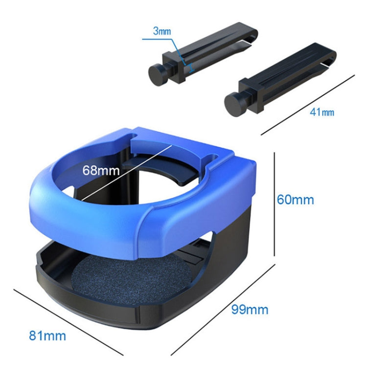 Blue car outlet drink holder with black base and dual vent clips, shown with measurements