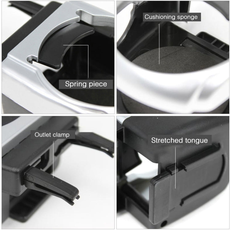 Car outlet drink holder with spring mechanism, cushioning sponge, and vent clamp details