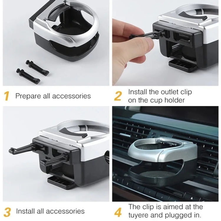 Car outlet drink holder kit with vent clip pieces and a cup holder base shown for installation