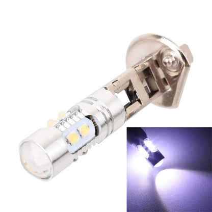 H1 LED fog light bulb with visible socket and SMD LED chips, shown with light-beam inset