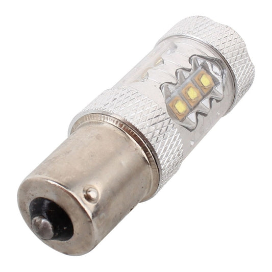 1156 LED bulb rear view with silver metal body and circular bulb socket