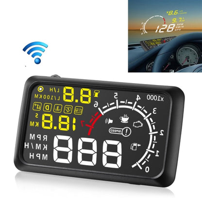 Black 5.5-inch car HUD display unit with bright yellow digits and speed gauge