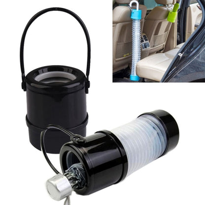 Car umbrella holder with handle, black bucket body and flexible ribbed sleeve