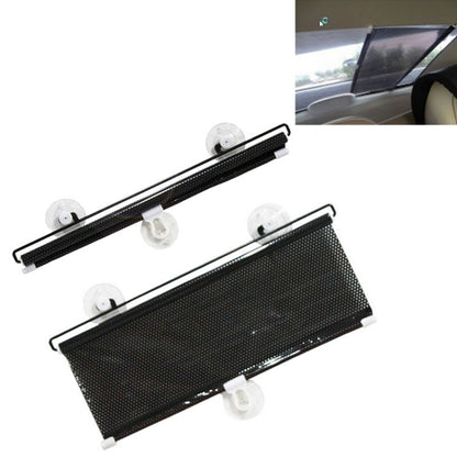 Retractable car window sun shade with black mesh and suction cups