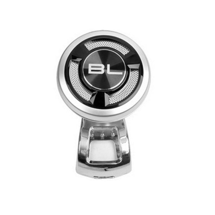 Silver steering wheel spinner knob with black center and BL emblem
