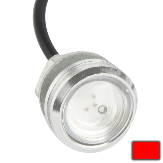Waterproof vehicle LED eagle-eye light with white glow, clear lens, silver bezel, black cable