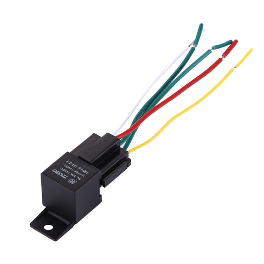 Black automotive relay with mounting bracket and colorful lead wires attached