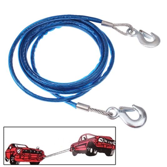 Blue steel towing rope with silver metal hooks, 4 m looped cable