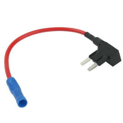 Inline fuse tap adapter with black plug end, red wire, and blue inline cap