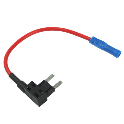 Small auto fuse holder adapter with red and blue insulated leads and black connector
