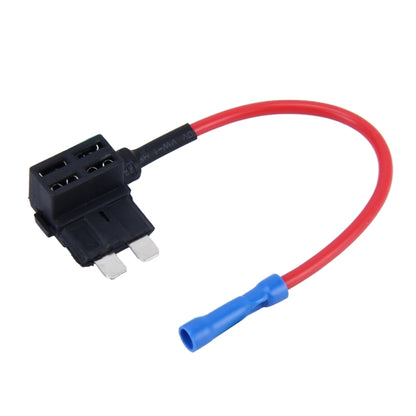 Auto fuse tap adapter with black housing and red/blue insulated wires