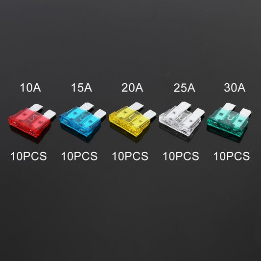 Assorted blade fuses: 10A–30A, red blue yellow white green, 10 pcs each