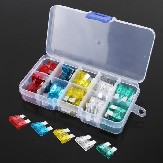 Car blade fuse set in clear storage box with red, blue, yellow, white, and green fuses