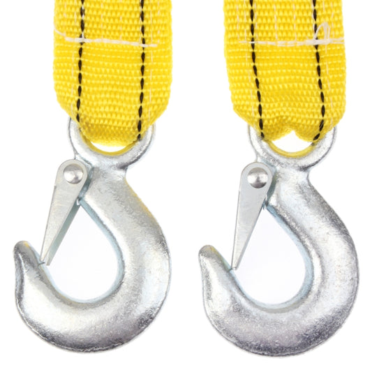 Vehicle towing cable rope close-up of two yellow loops with steel safety hooks