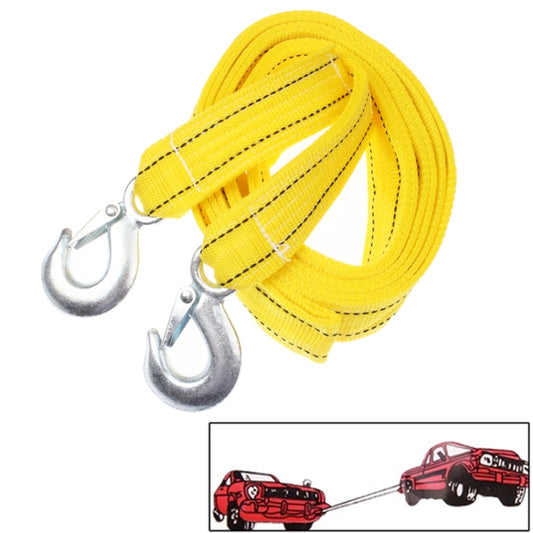Vehicle towing cable rope with two yellow straps and two steel lifting hooks