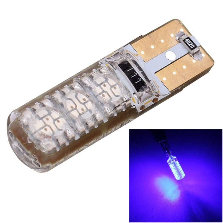 T10 LED bulb with clear lens, emitting blue-violet light from 5050 LEDs