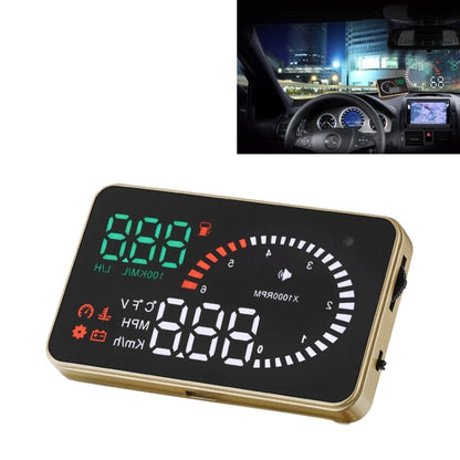 Gold HUD head up display with green digital speed and orange/white gauge arc