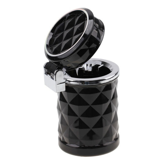 Black diamond-pattern car ashtray with open lid and silver inner ash holder