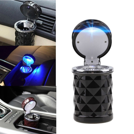 Car ashtray with LED light, black diamond pattern, open lid with glowing blue LED cup