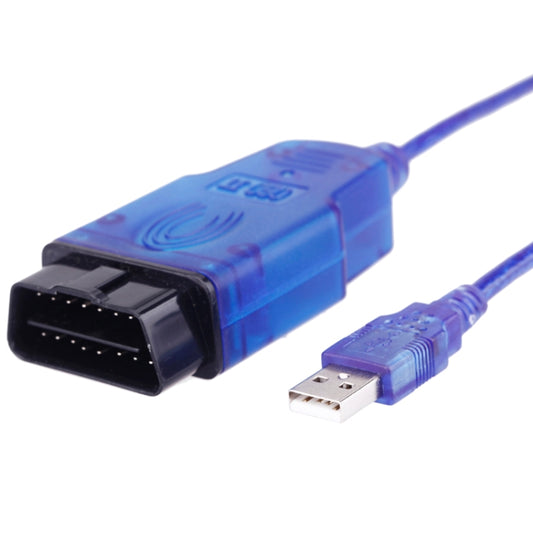 OBDII cable with blue housing, showing USB Type-A plug and OBD connector