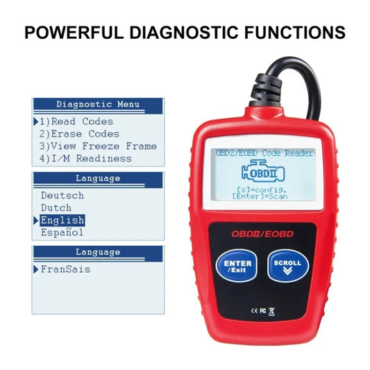 Red OBDII/EOBD code reader showing diagnostic and language menus on LCD