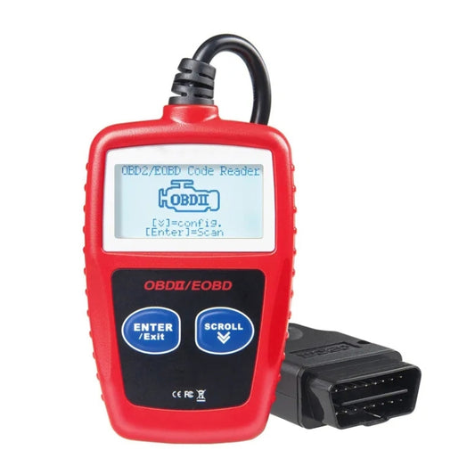 Red OBDII/EOBD code reader with LCD screen and blue control buttons, OBD cable