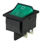 Illuminated rocker switch with green translucent panel and O/I markings, black housing