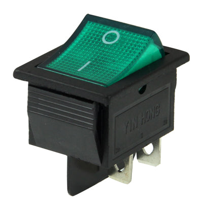 Illuminated rocker switch with green translucent panel and O/I markings, black housing
