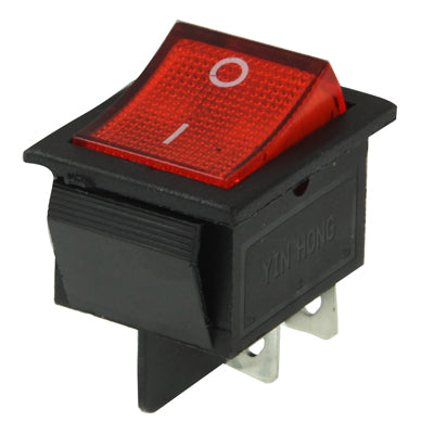 Illuminated rocker switch with red lens and O/I indicator markings, black square body