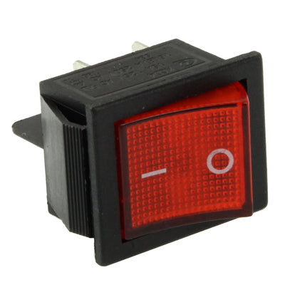 Illuminated red rocker switch showing back terminals and red O/I illuminated window