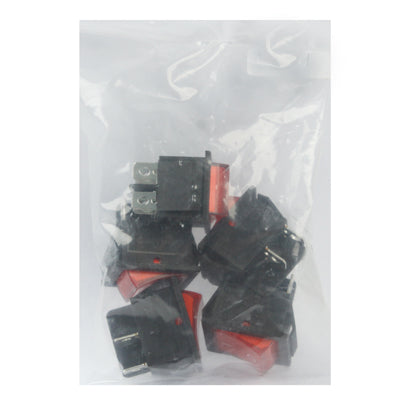 Pack of black illuminated rocker switches with red lens in plastic bag