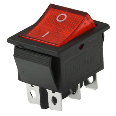 Red illuminated rocker switch with OFF/ON icons and metal mounting terminals