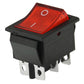 Red illuminated rocker switch with ON/OFF markings, black housing and side tabs
