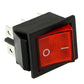 Square red-lens illuminated rocker switch in black housing with mounting tabs