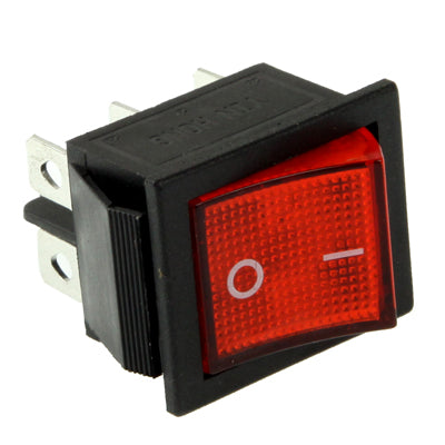 Square red-lens illuminated rocker switch in black housing with mounting tabs