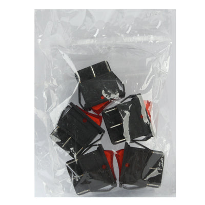 Pack of five black illuminated rocker switches with red lenses in plastic bag