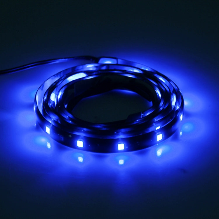 Flexible LED car strip lights with blue glow, coiled 120cm strip and visible leads
