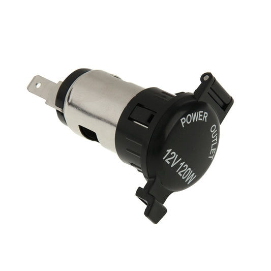 12V power outlet plug with black round cap, power marking, and split mounting terminals