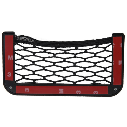Black net storage pocket with red accent side panels and enclosed mesh center.