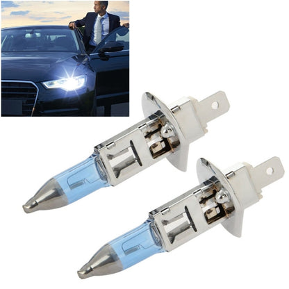 H1 halogen headlight bulb with blue glass tube and metal base, two-pin connector