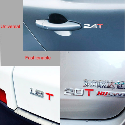 Chrome metal car emblem sticker with raised "24T" and red "T" border.