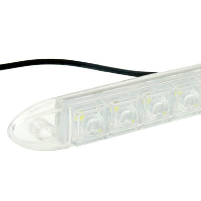 White LED DRL light bar with clear lens and multiple round LED bulbs detail