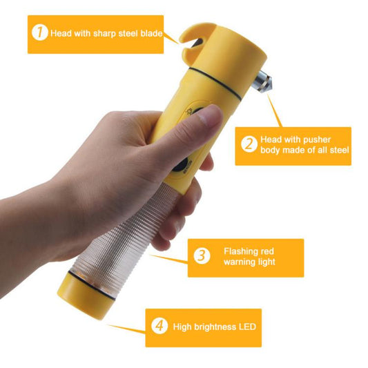 Handheld yellow emergency flashlight with blade-style head attachment